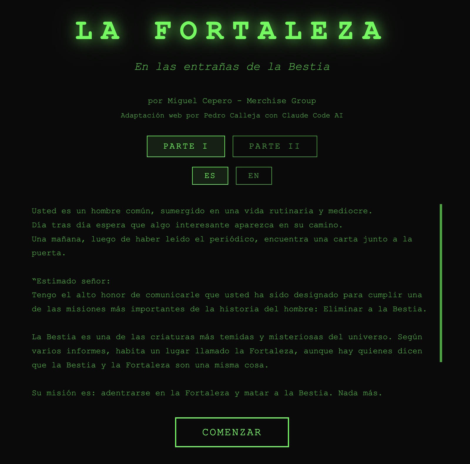 La Fortaleza intro screen with the opening letter and language selector