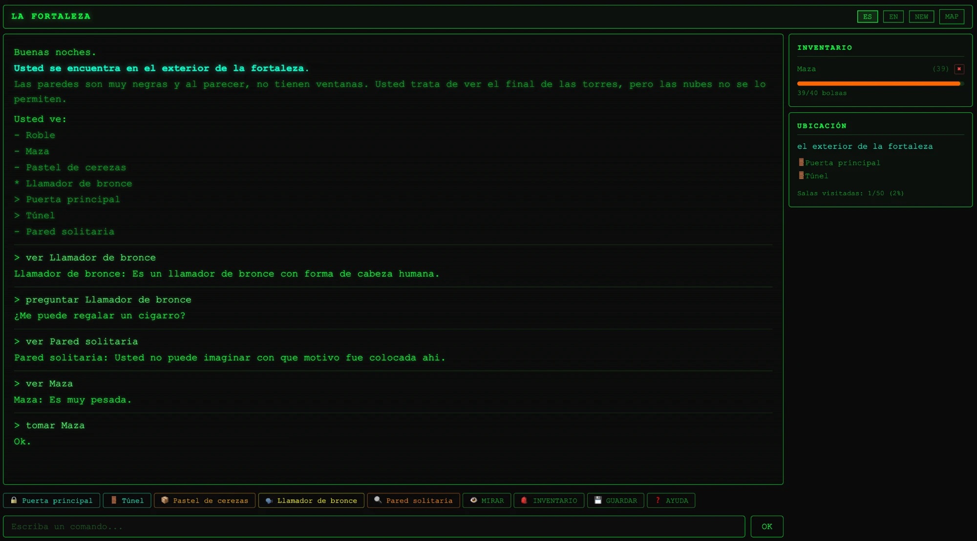 La Fortaleza game screen with the story text, inventory, and room exits