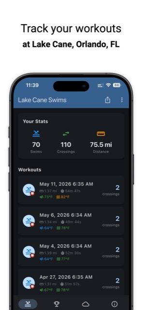 Workout tracking screen with stats and recent swims