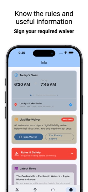 Swim info and liability waiver screen